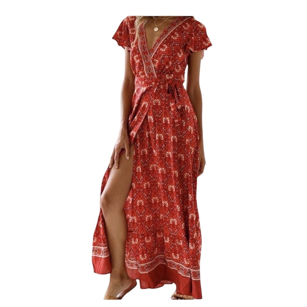 Pretty Garden Red Orange Floral Wrap Tie Maxi Dress Size L Boho Beachy Flowy